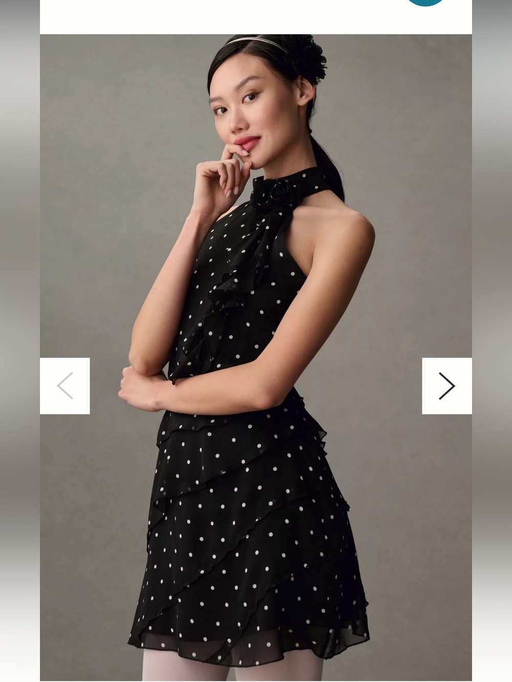 Maeve Dress - black/white polka dot “Maeve Halter Rosette Mini Dress”